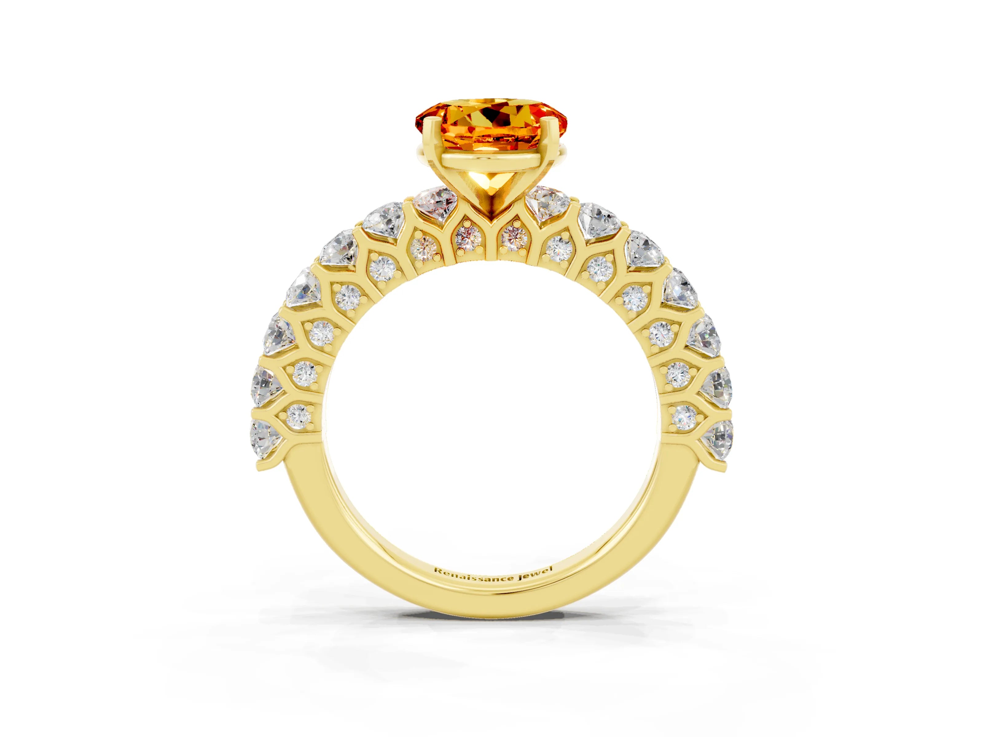 Yellow gold Round Cut Citrine Solitaire Ring with Shared Prong Pavé Band and Four-Prong Setting_3