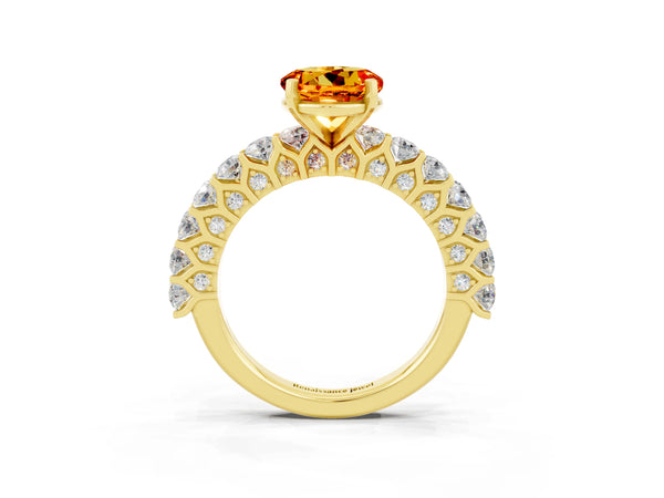 Yellow gold Round Cut Citrine Solitaire Ring with Shared Prong Pavé Band and Four-Prong Setting