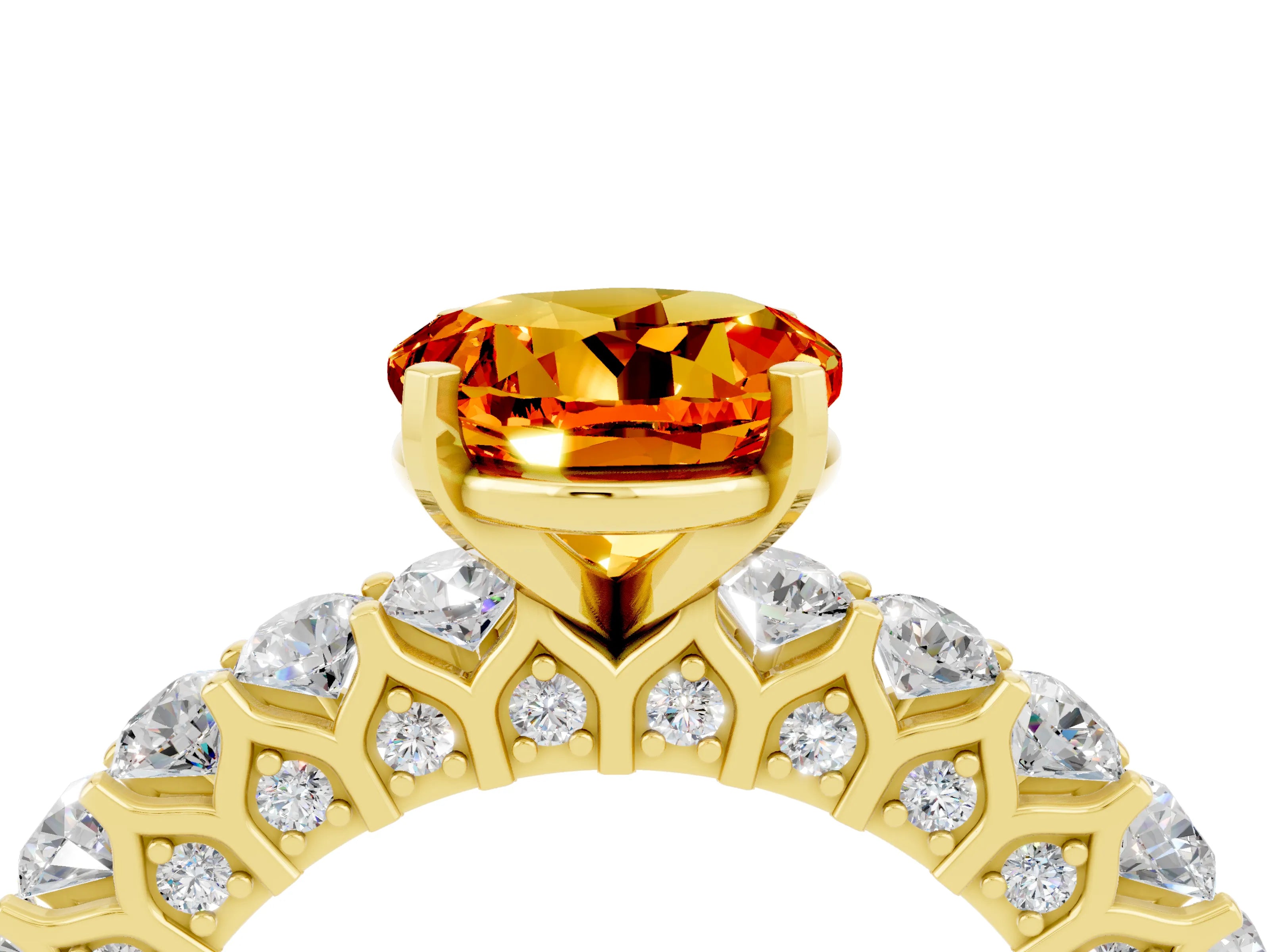 Yellow gold Round Cut Citrine Solitaire Ring with Shared Prong Pavé Band and Four-Prong Setting_4