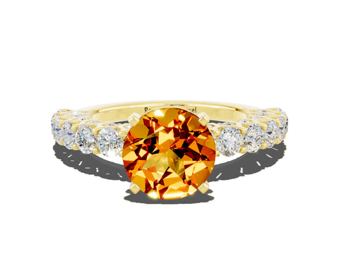 Yellow gold Round Cut Citrine Solitaire Ring with Shared Prong Pavé Band and Four-Prong Setting