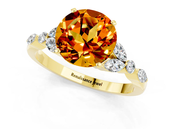 Yellow gold Round Cut Citrine Solitaire Ring with Side Stones and Four-Prong Setting