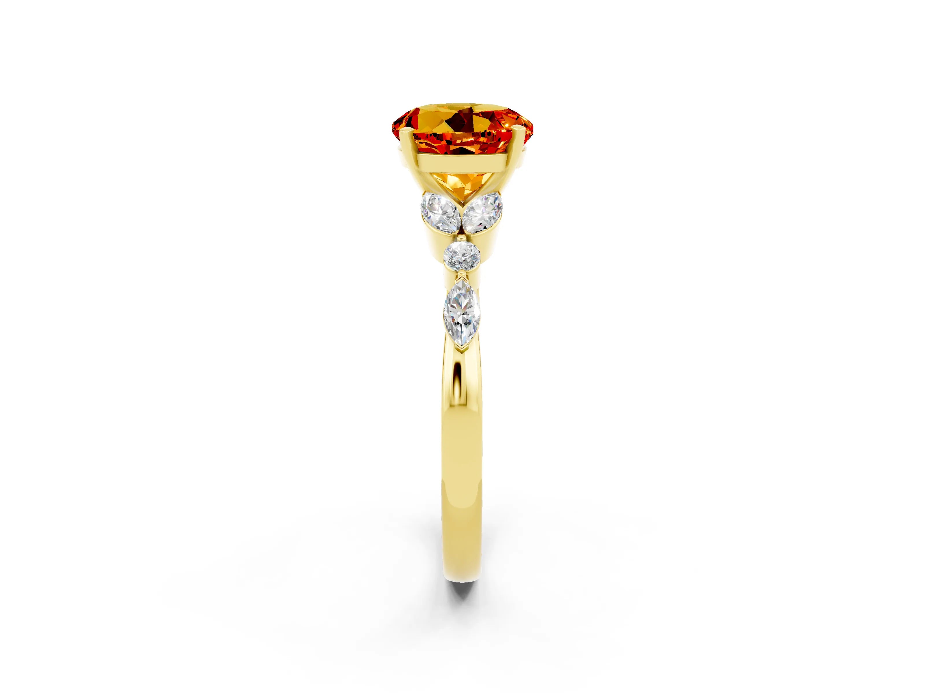 Yellow gold Round Cut Citrine Solitaire Ring with Side Stones and Four-Prong Setting_14