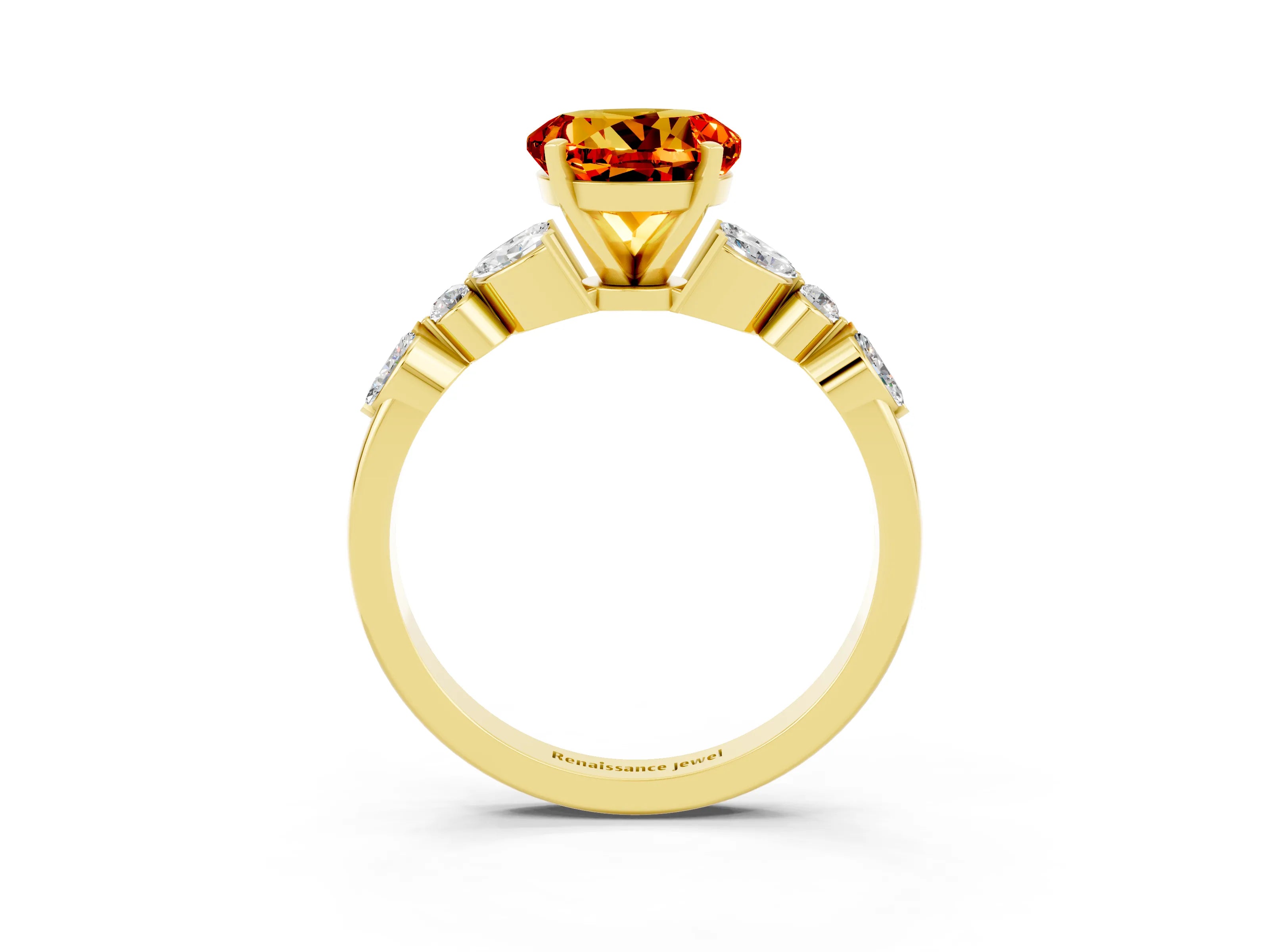 Yellow gold Round Cut Citrine Solitaire Ring with Side Stones and Four-Prong Setting_15