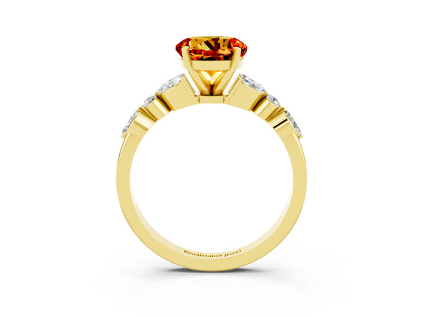 Yellow gold Round Cut Citrine Solitaire Ring with Side Stones and Four-Prong Setting