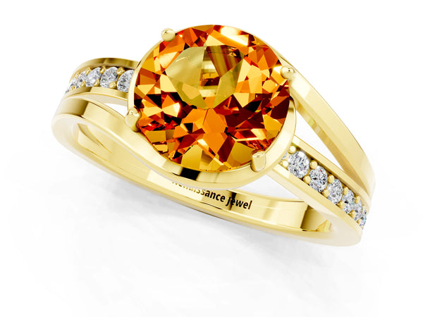 Yellow gold Round Cut Citrine Solitaire Ring with Split Shank and Prong Setting