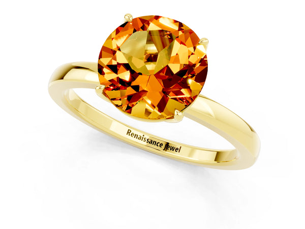 Yellow gold Round Cut Citrine Solitaire Ring with Thin Band and Prong Setting