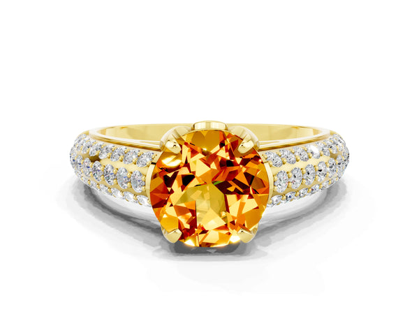 Yellow gold Round Cut Citrine Solitaire Ring with Three-Row Pavé Band and Four-Prong Setting