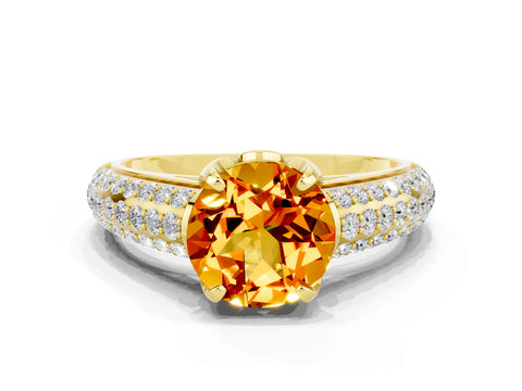 Yellow gold Round Cut Citrine Solitaire Ring with Three-Row Pavé Band and Four-Prong Setting_12