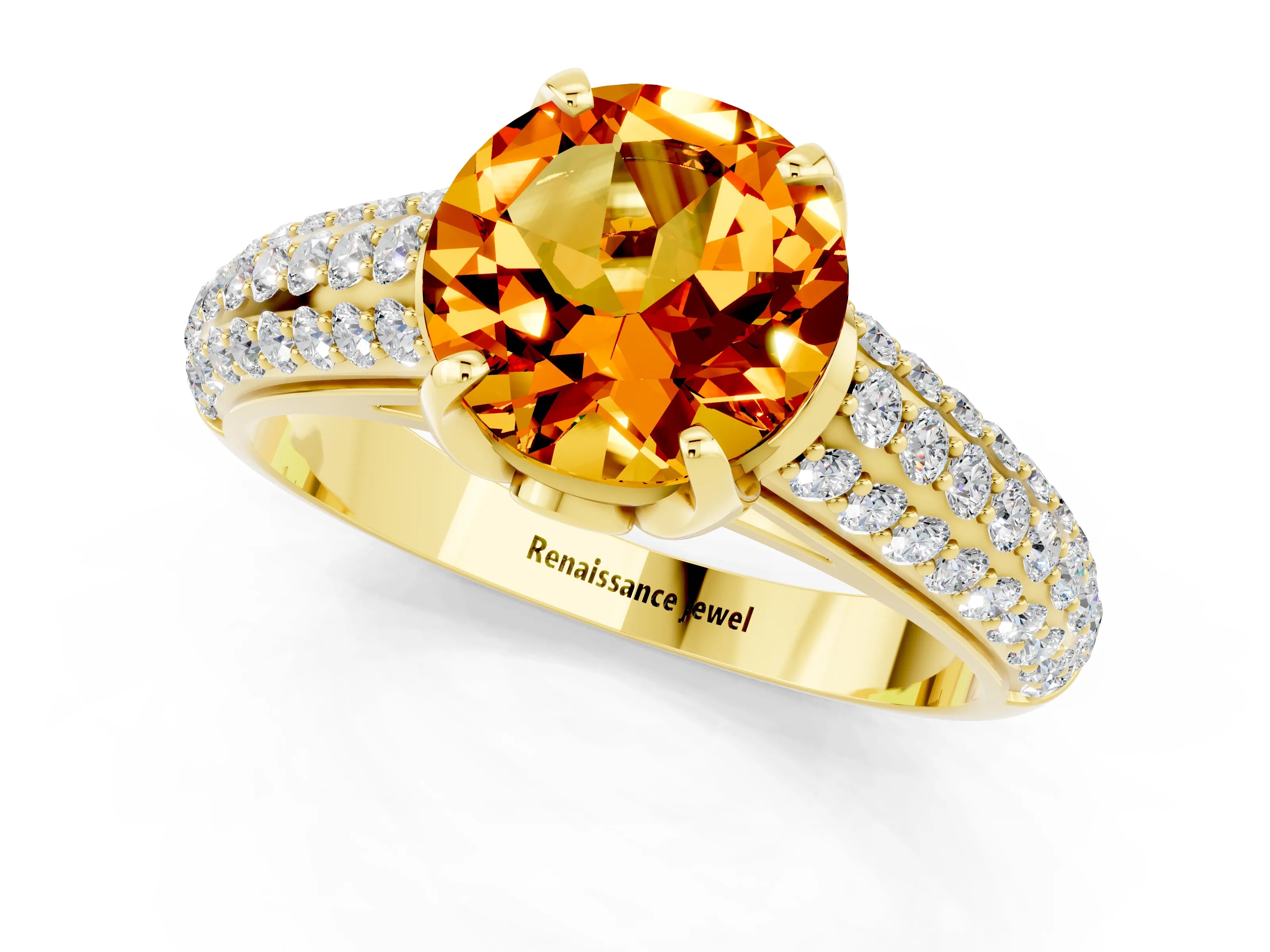 Yellow gold Round Cut Citrine Solitaire Ring with Three-Row Pavé Band and Four-Prong Setting_13