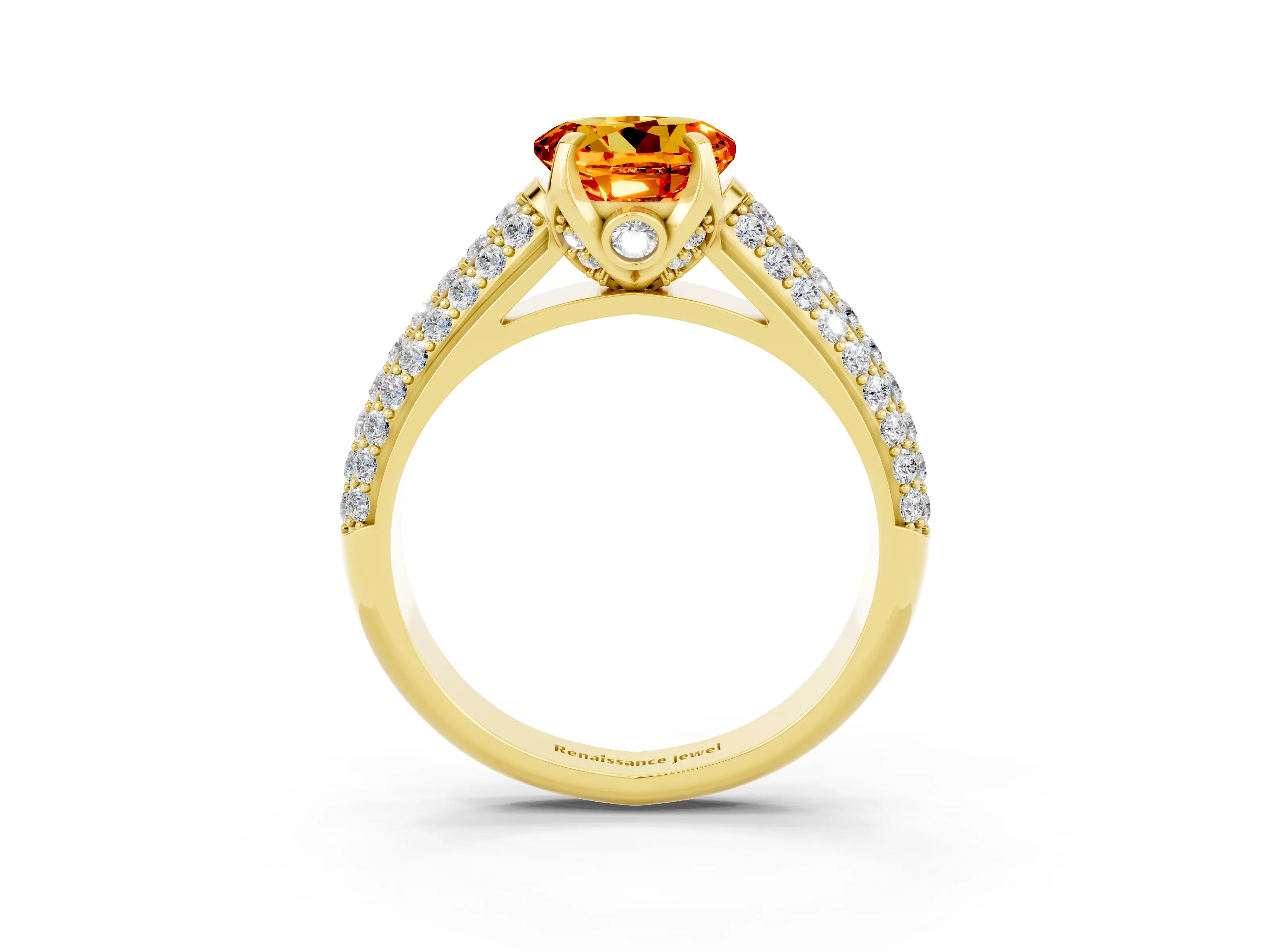 Yellow gold Round Cut Citrine Solitaire Ring with Three-Row Pavé Band and Four-Prong Setting_15