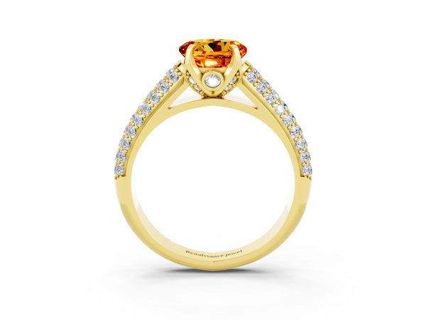 Yellow gold Round Cut Citrine Solitaire Ring with Three-Row Pavé Band and Four-Prong Setting