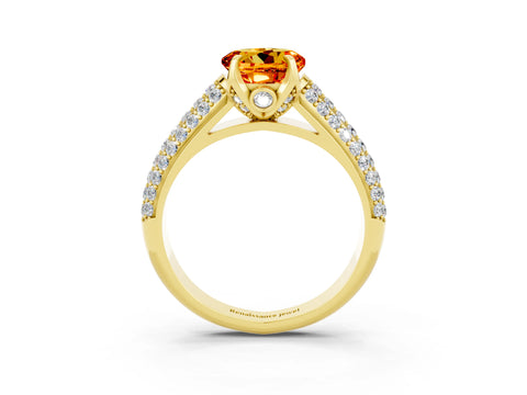 Yellow gold Round Cut Citrine Solitaire Ring with Three-Row Pavé Band and Four-Prong Setting_15