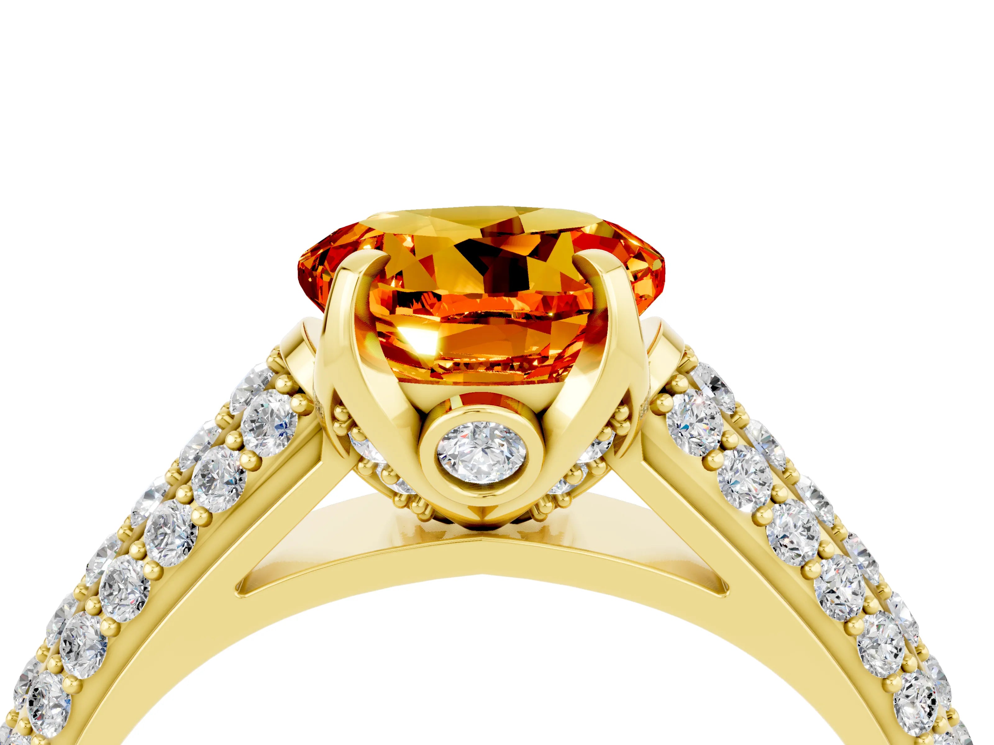 Yellow gold Round Cut Citrine Solitaire Ring with Three-Row Pavé Band and Four-Prong Setting_16