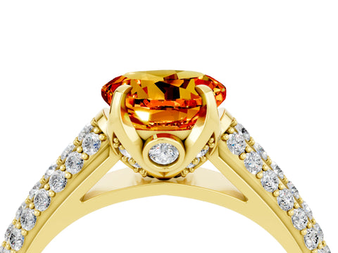 Yellow gold Round Cut Citrine Solitaire Ring with Three-Row Pavé Band and Four-Prong Setting_16