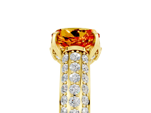 Yellow gold Round Cut Citrine Solitaire Ring with Three-Row Pavé Band and Four-Prong Setting_17