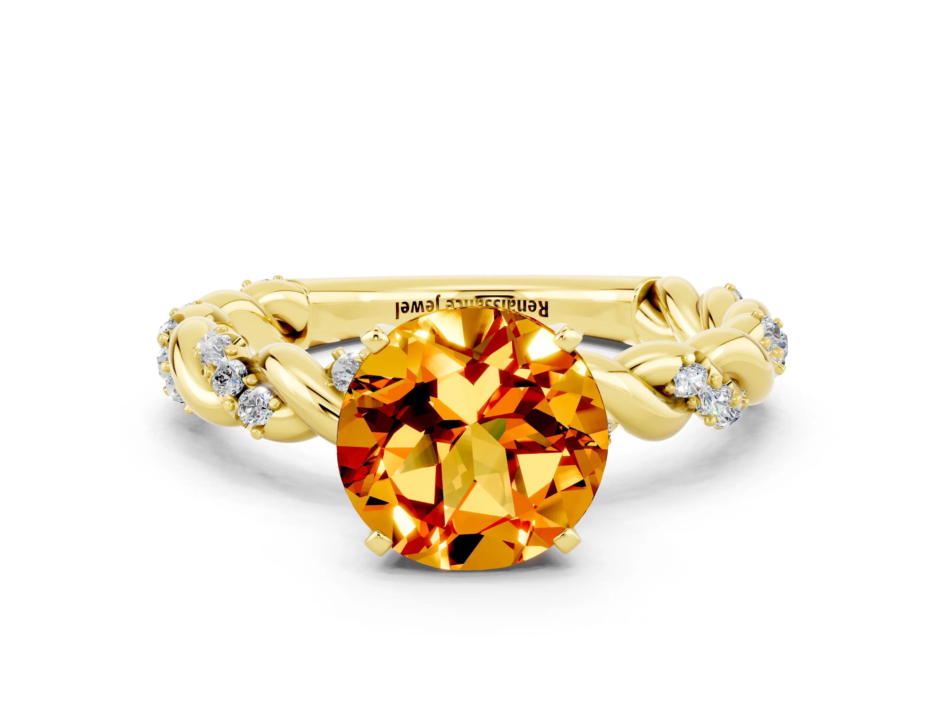 Yellow gold Round Cut Citrine Solitaire Ring with Twisted Band and Pavé Accents