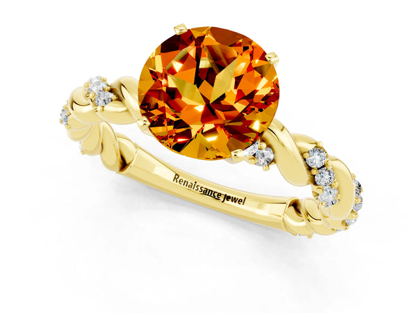 Yellow gold Round Cut Citrine Solitaire Ring with Twisted Band and Pavé Accents