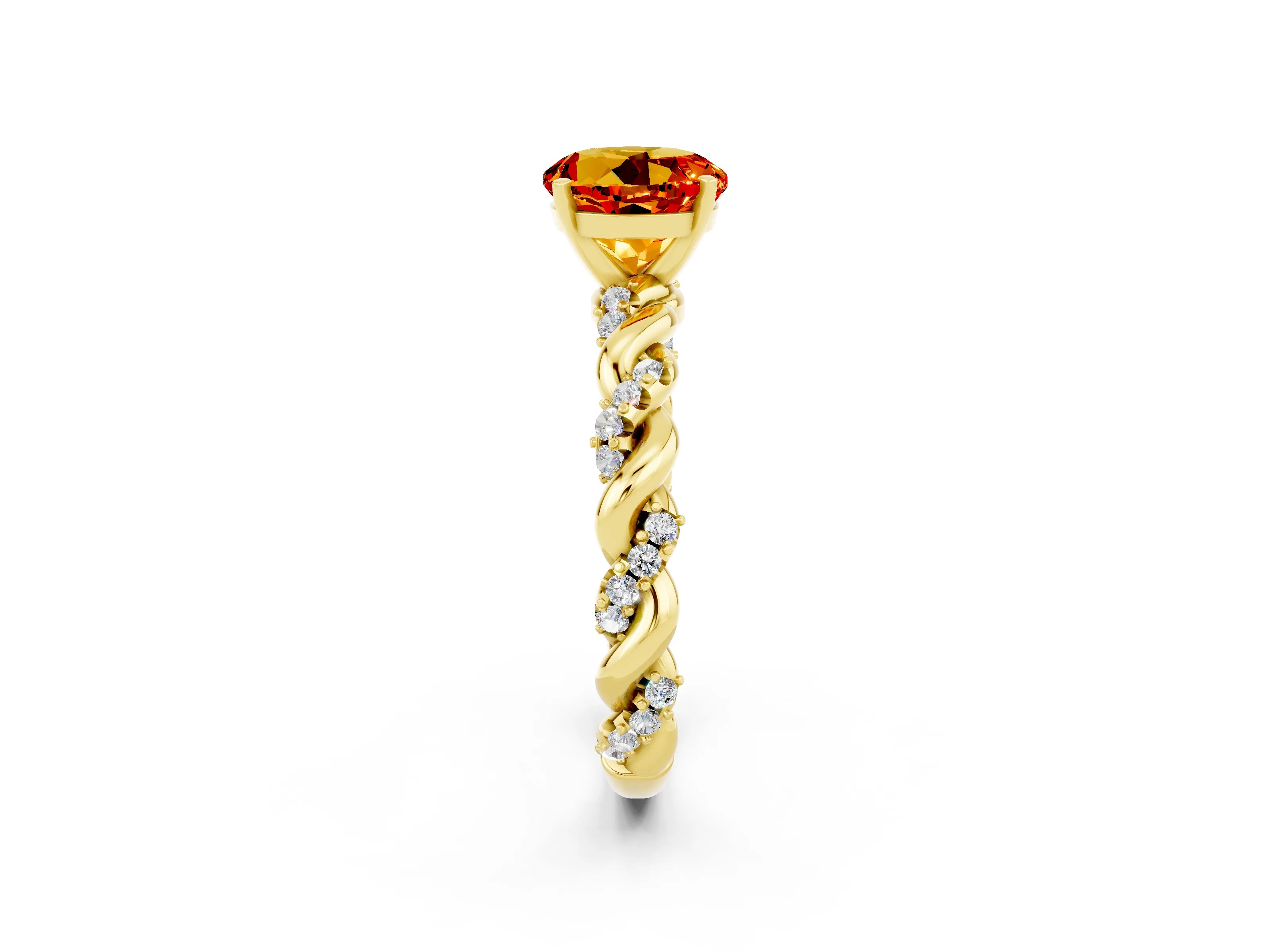 Yellow gold Round Cut Citrine Solitaire Ring with Twisted Band and Pavé Accents_2