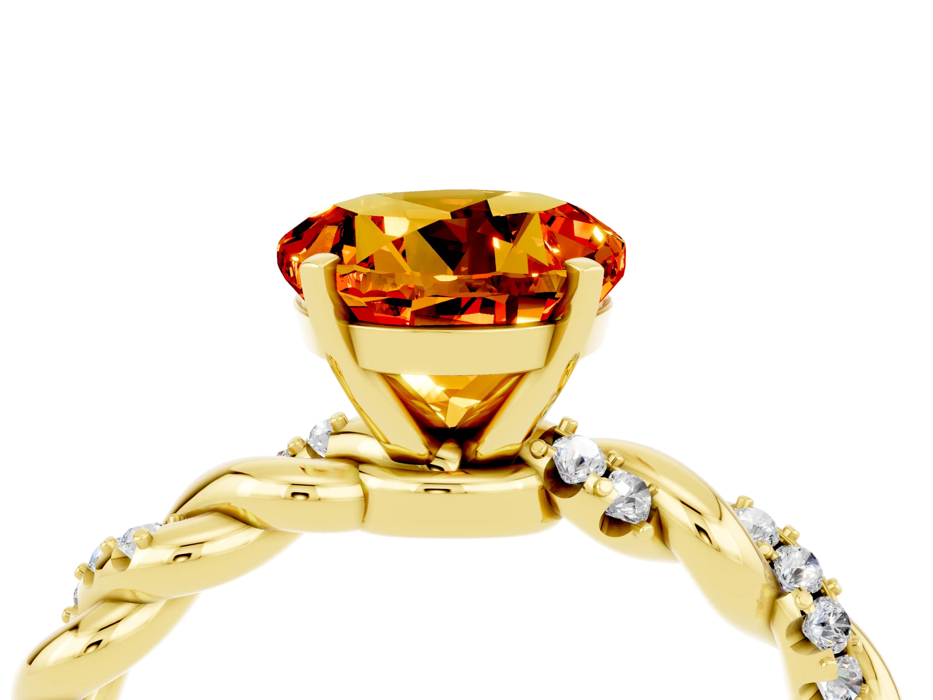 Yellow gold Round Cut Citrine Solitaire Ring with Twisted Band and Pavé Accents_4