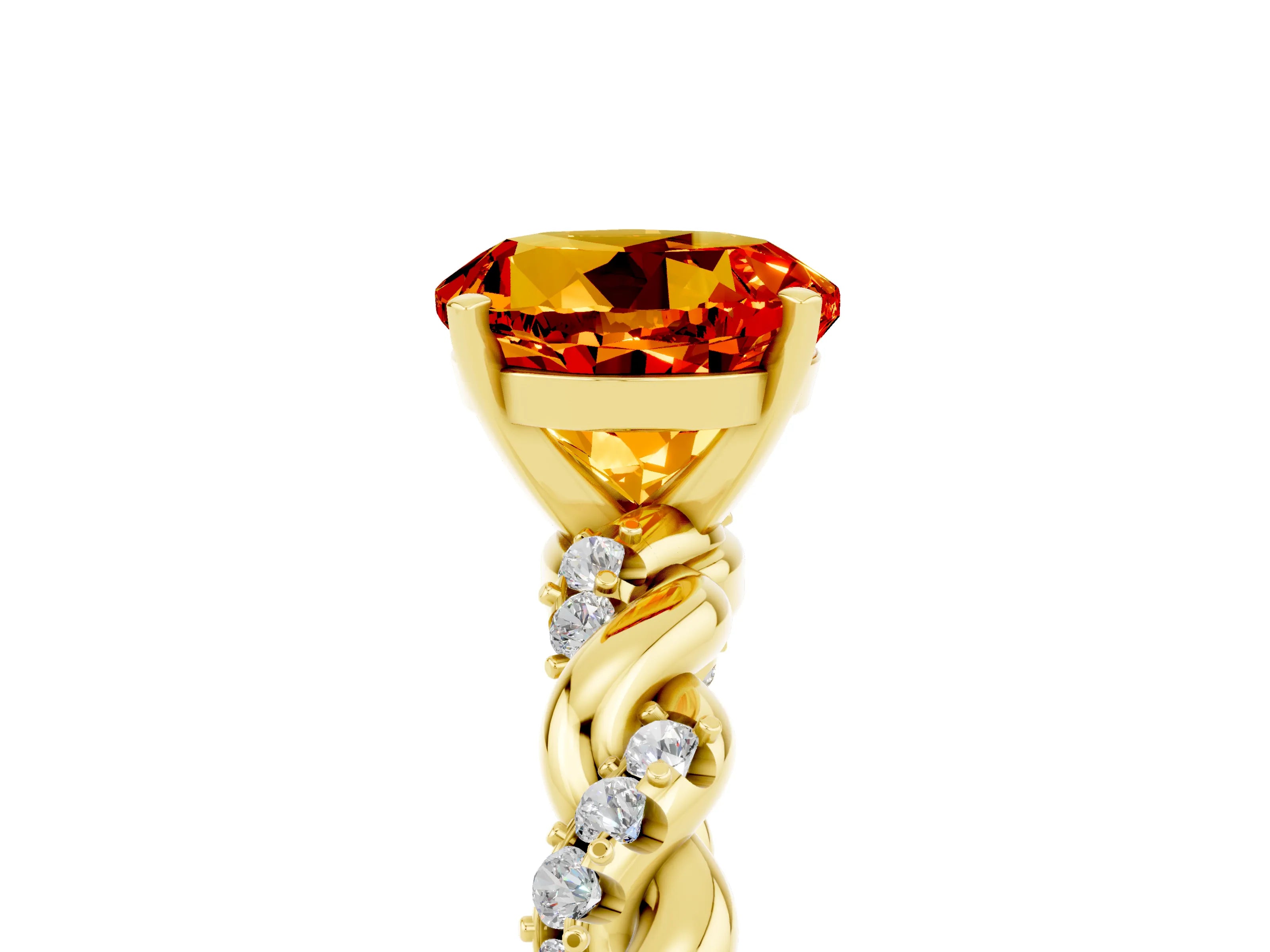 Yellow gold Round Cut Citrine Solitaire Ring with Twisted Band and Pavé Accents_5