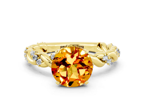 Yellow gold Round Cut Citrine Solitaire Ring with Twisted Band and Pavé Accents