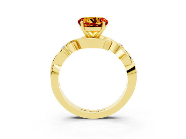 Yellow gold Round Cut Citrine Solitaire Ring with Twisted Band and Prong Setting
