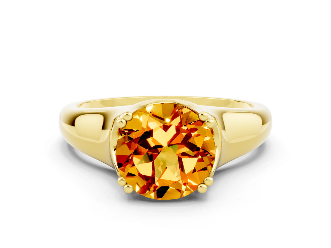 Yellow gold Round Cut Citrine Solitaire Ring with Wide Band and Prong Setting