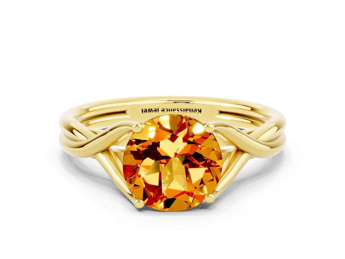 Yellow gold Round Cut Citrine Solitaire Twist Band Prong Setting Ring_36