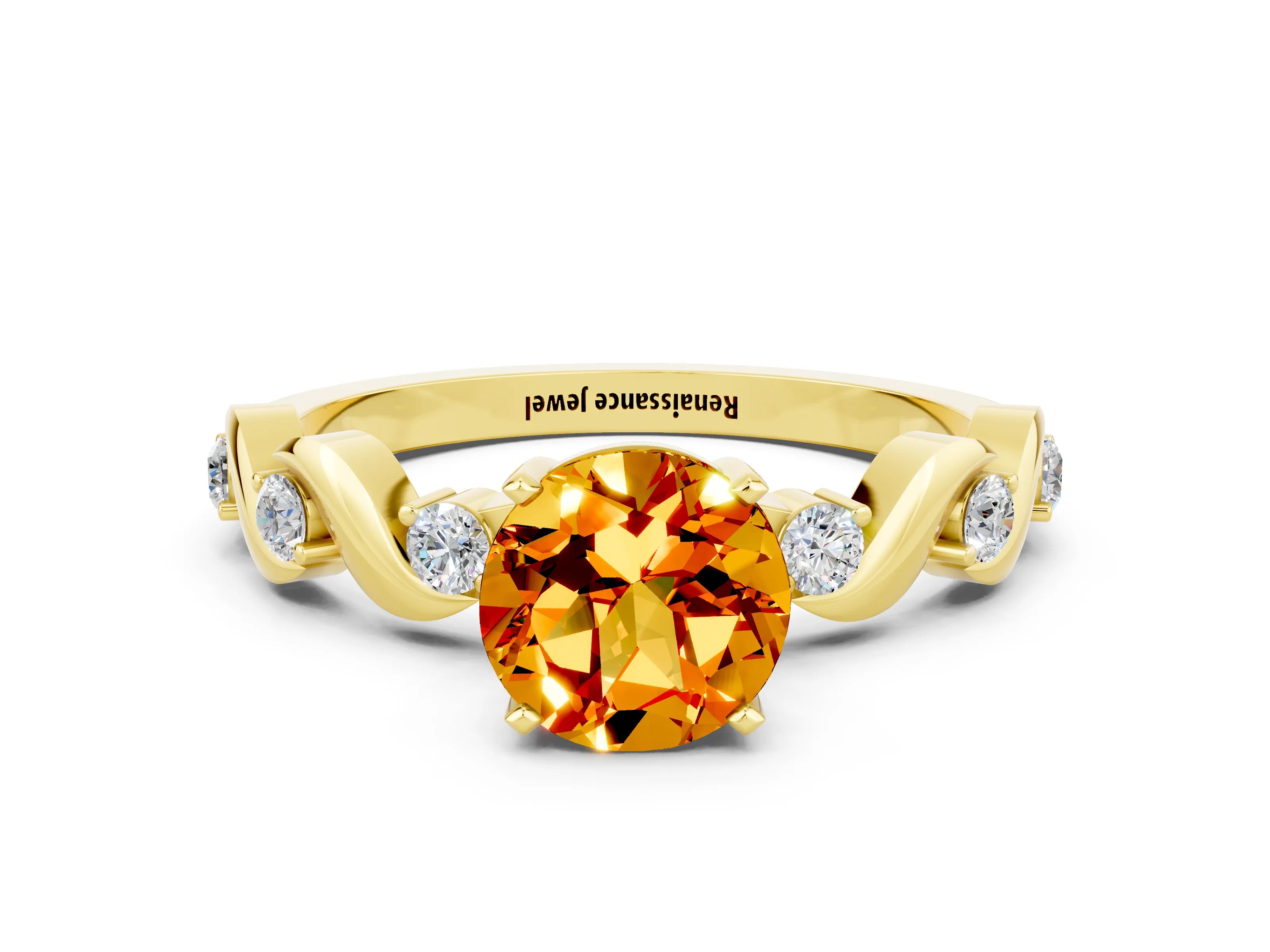 Yellow gold Round Cut Citrine Solitaire Twisted Band with Round  Accents and Prong Setting_12