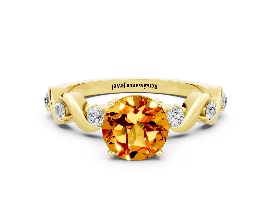 Yellow gold Round Cut Citrine Solitaire Twisted Band with Round  Accents and Prong Setting_12