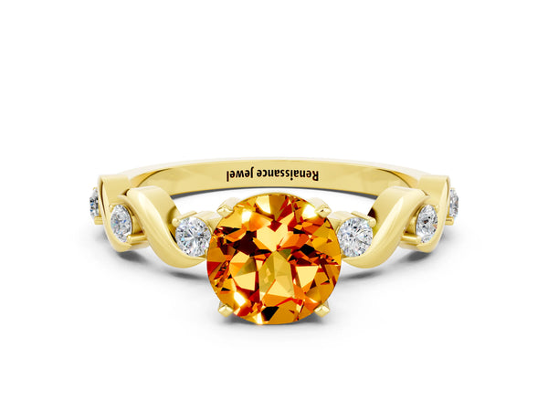 Yellow gold Round Cut Citrine Solitaire Twisted Band with Round  Accents and Prong Setting
