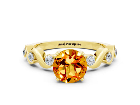 Yellow gold Round Cut Citrine Solitaire Twisted Band with Round  Accents and Prong Setting_12