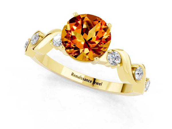 Yellow gold Round Cut Citrine Solitaire Twisted Band with Round  Accents and Prong Setting