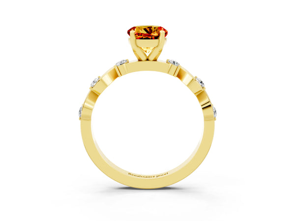 Yellow gold Round Cut Citrine Solitaire Twisted Band with Round  Accents and Prong Setting