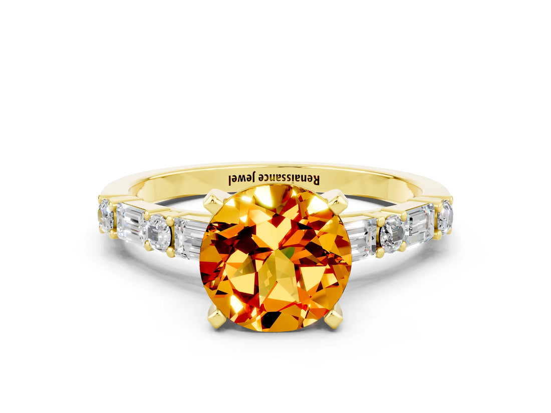 Yellow gold Round Cut Citrine Solitaire with Side Baguettes and Channel Set Band