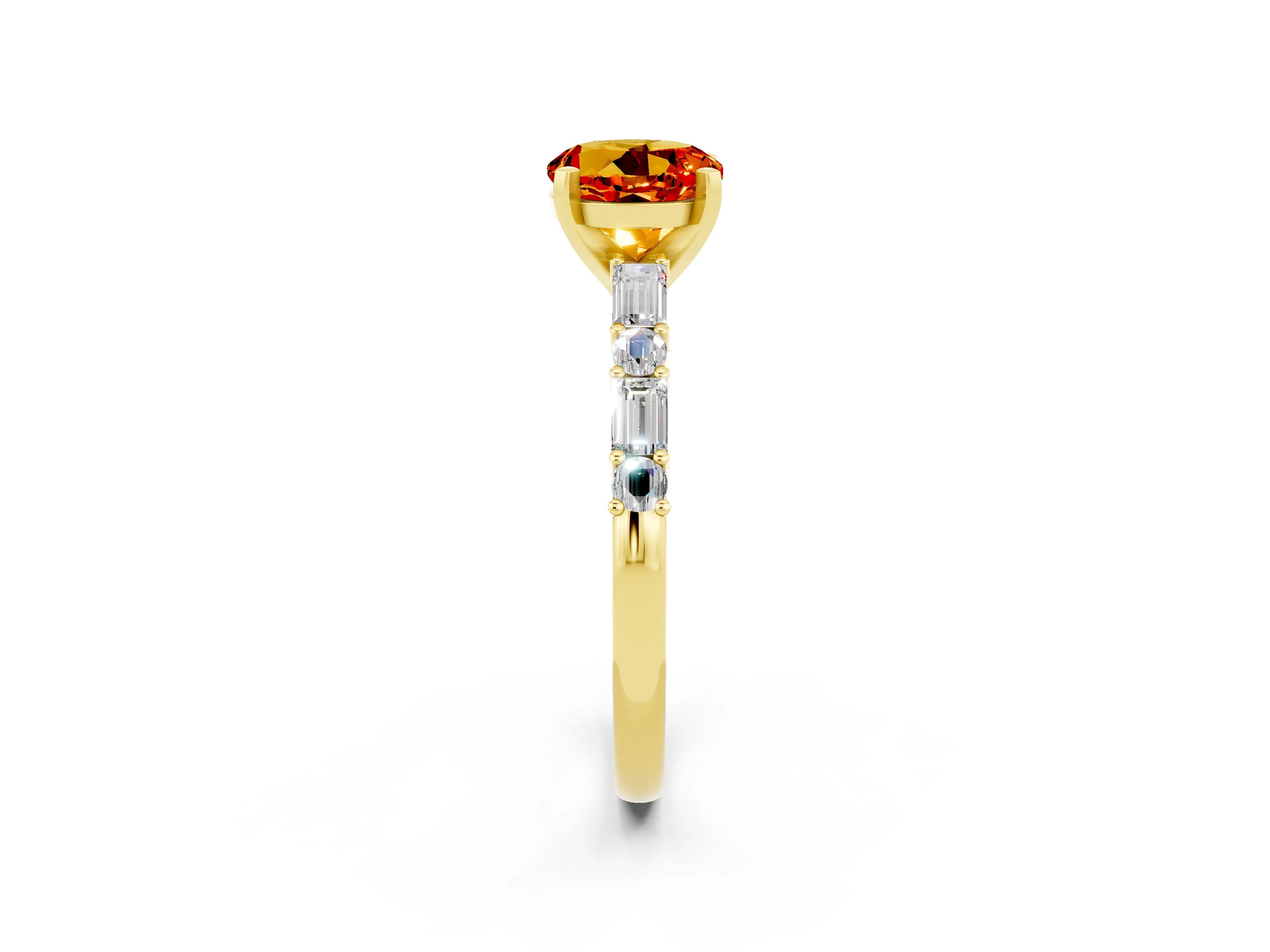 Yellow gold Round Cut Citrine Solitaire with Side Baguettes and Channel Set Band_2