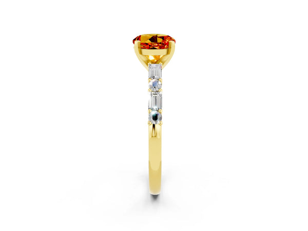 Yellow gold Round Cut Citrine Solitaire with Side Baguettes and Channel Set Band