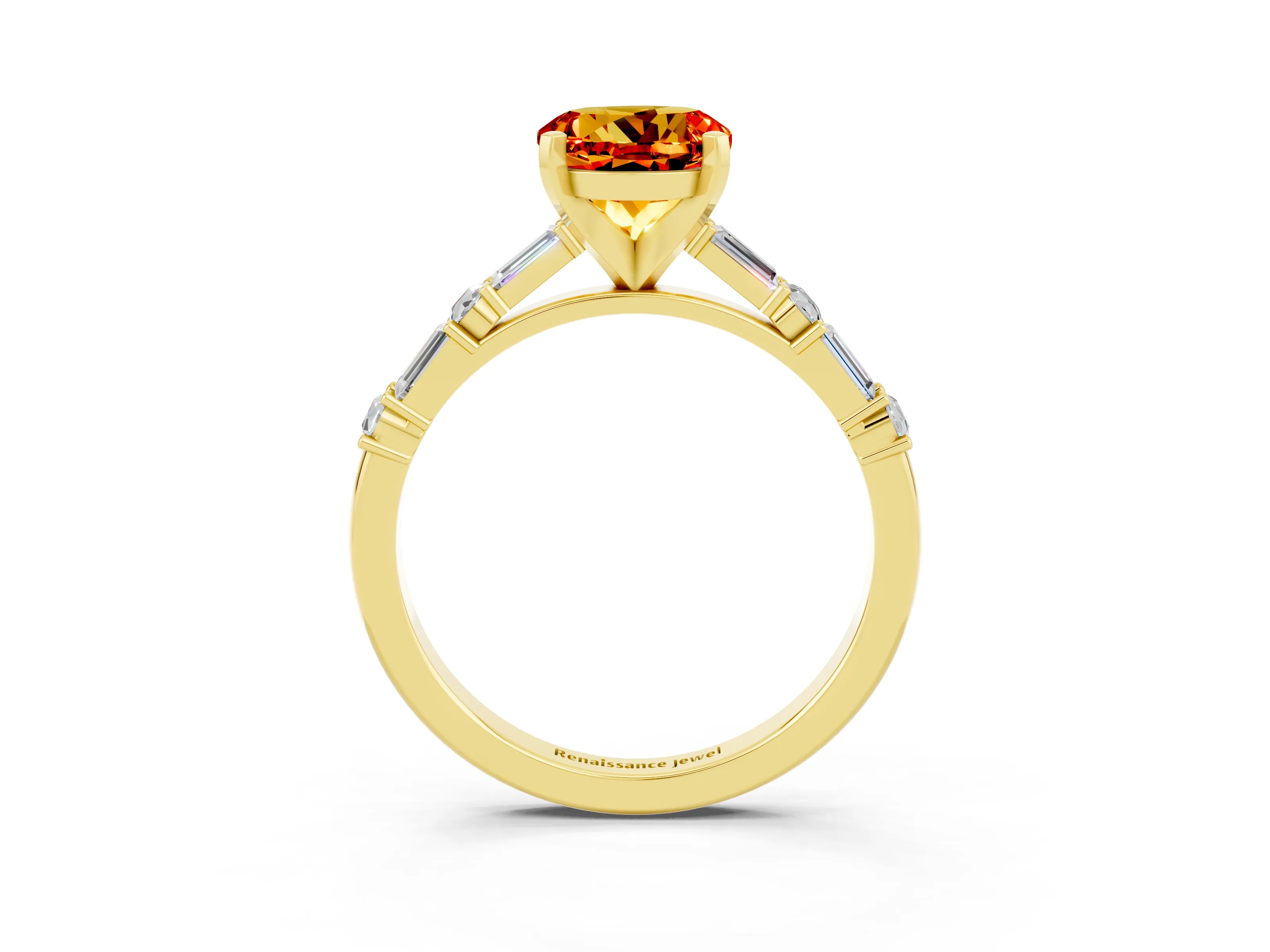 Yellow gold Round Cut Citrine Solitaire with Side Baguettes and Channel Set Band_3