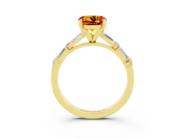 Yellow gold Round Cut Citrine Solitaire with Side Baguettes and Channel Set Band
