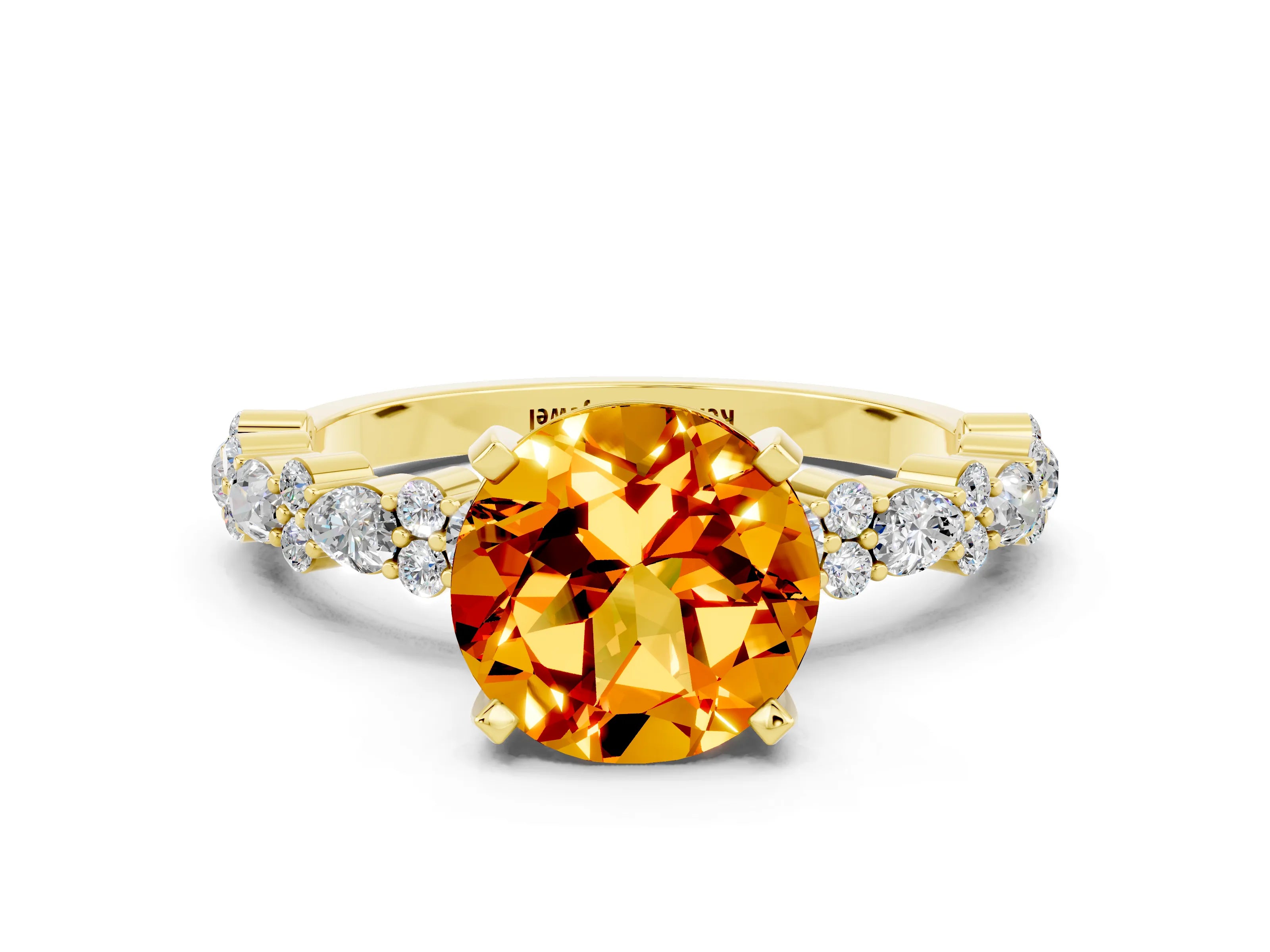 Yellow gold Round Cut Citrine Solitaire with Side Stones, Pave Band, Four-Prong Setting_36