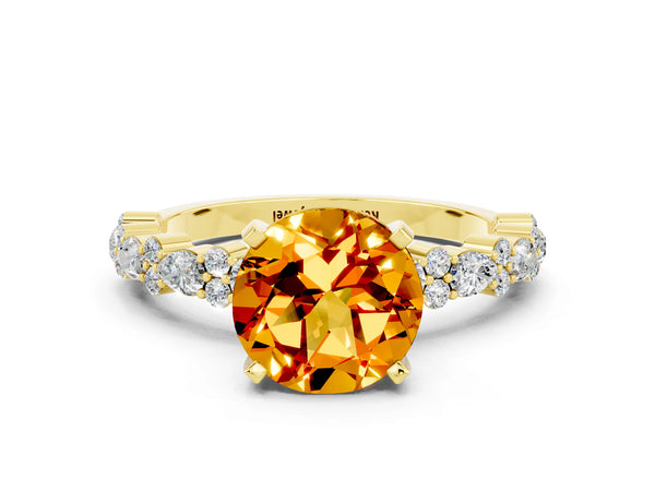 Yellow gold Round Cut Citrine Side Stone Solitaire Ring with Round  and Four-Prong Setting