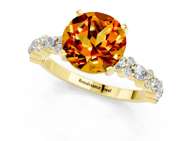 Yellow gold Round Cut Citrine Side Stone Solitaire Ring with Round  and Four-Prong Setting