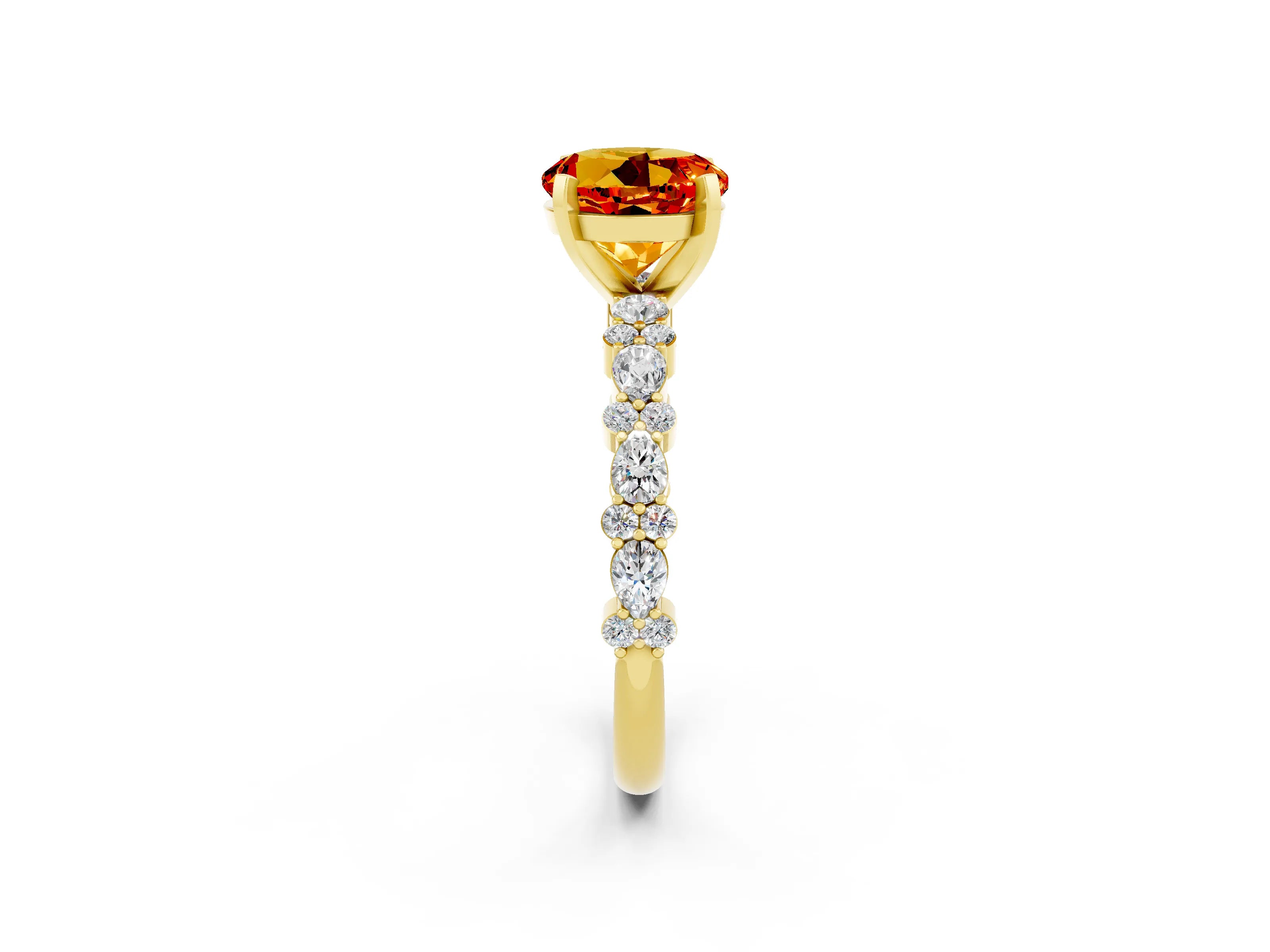 Yellow gold Round Cut Citrine Solitaire with Side Stones, Pave Band, Four-Prong Setting_38