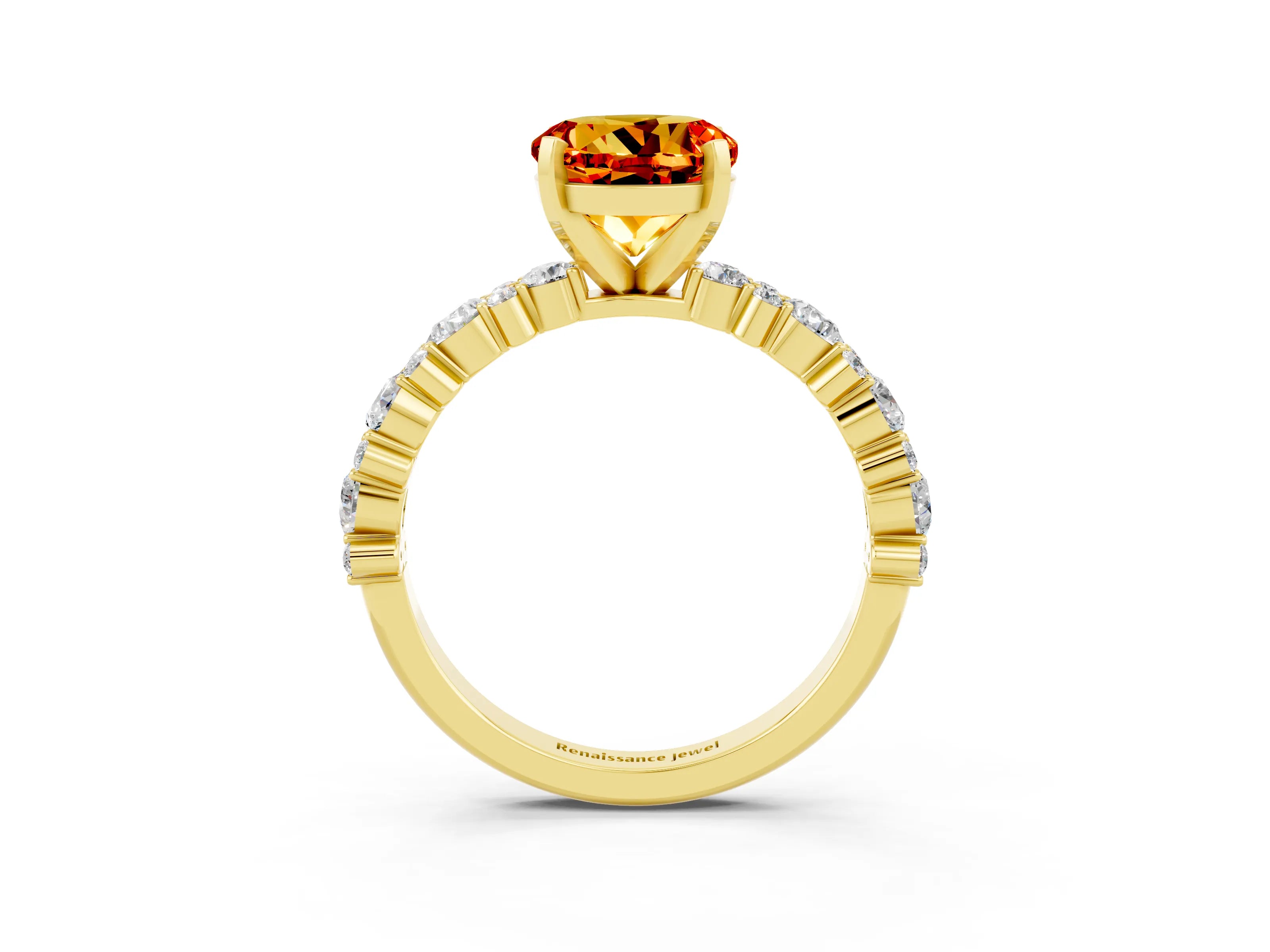 Yellow gold Round Cut Citrine Solitaire with Side Stones, Pave Band, Four-Prong Setting_39