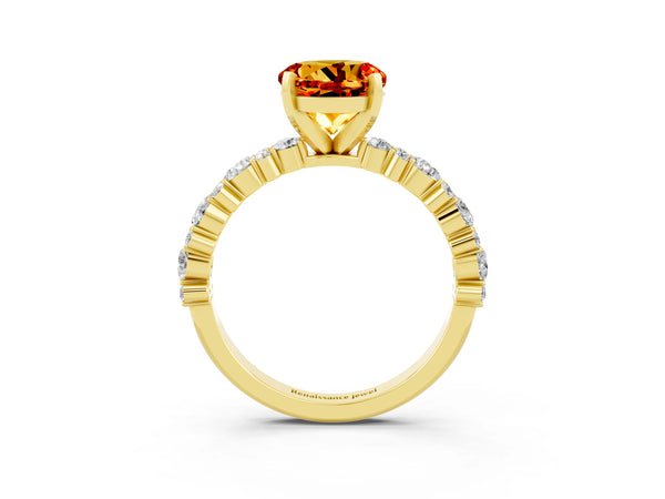 Yellow gold Round Cut Citrine Side Stone Solitaire Ring with Round  and Four-Prong Setting