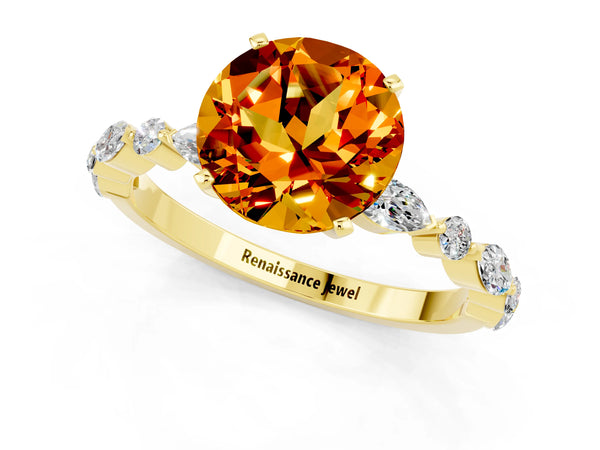 Yellow gold Round Cut Citrine Ring with Marquise and Round  Side Stones and Four-Prong Setting