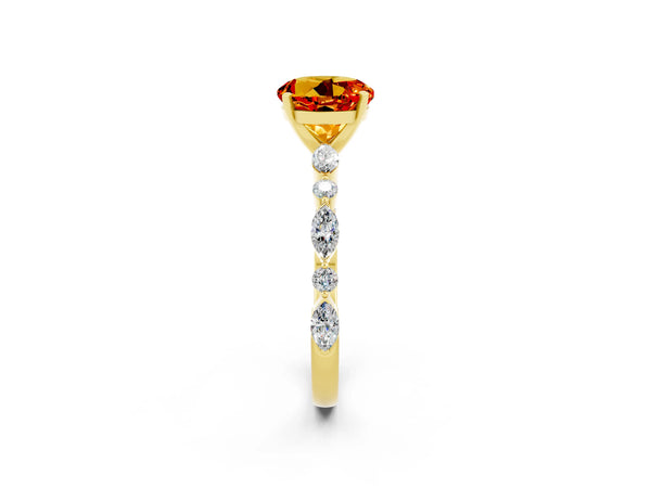 Yellow gold Round Cut Citrine Ring with Marquise and Round  Side Stones and Four-Prong Setting