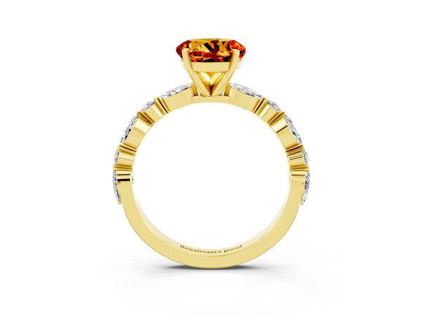 Yellow gold Round Cut Citrine Ring with Marquise and Round  Side Stones and Four-Prong Setting