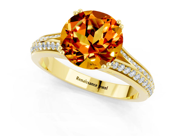 Yellow gold Round Cut Citrine Split Shank Engagement Ring with Pavé Band