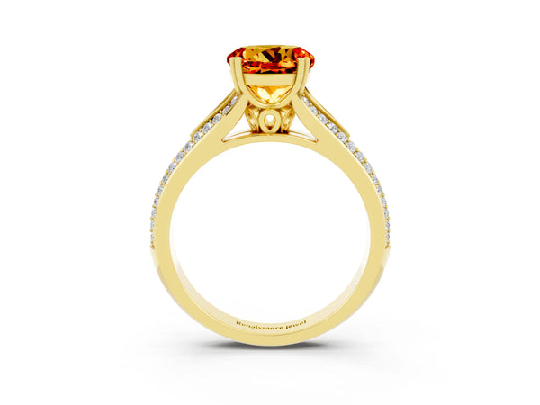 Yellow gold Round Cut Citrine Split Shank Engagement Ring with Pavé Band